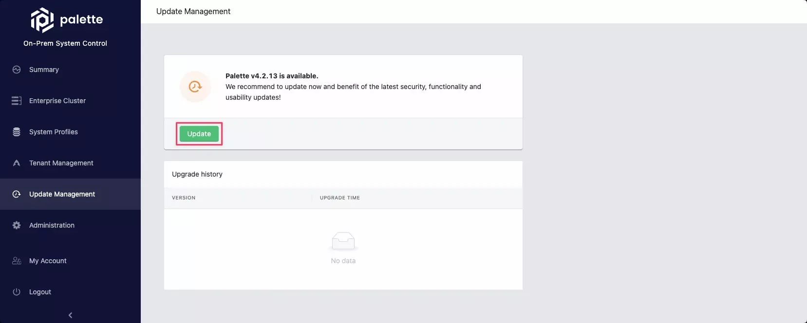 Self-hosted Palette VerteX system console with Update Management open and the Update button highlighted.